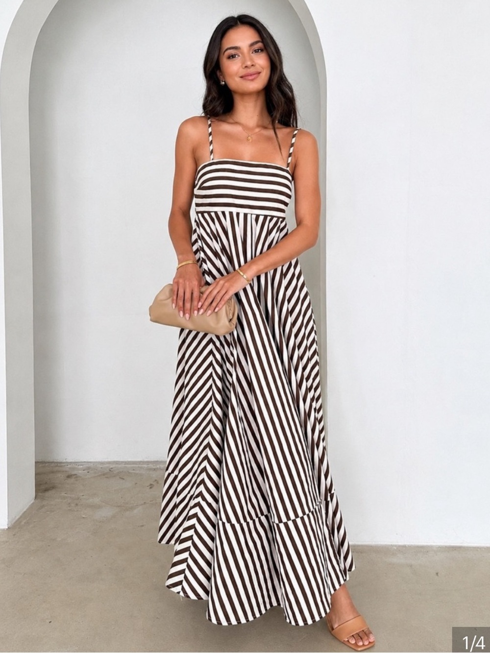 New Commense Striped Spaghetti Strap Maxi Dress - Brown & White